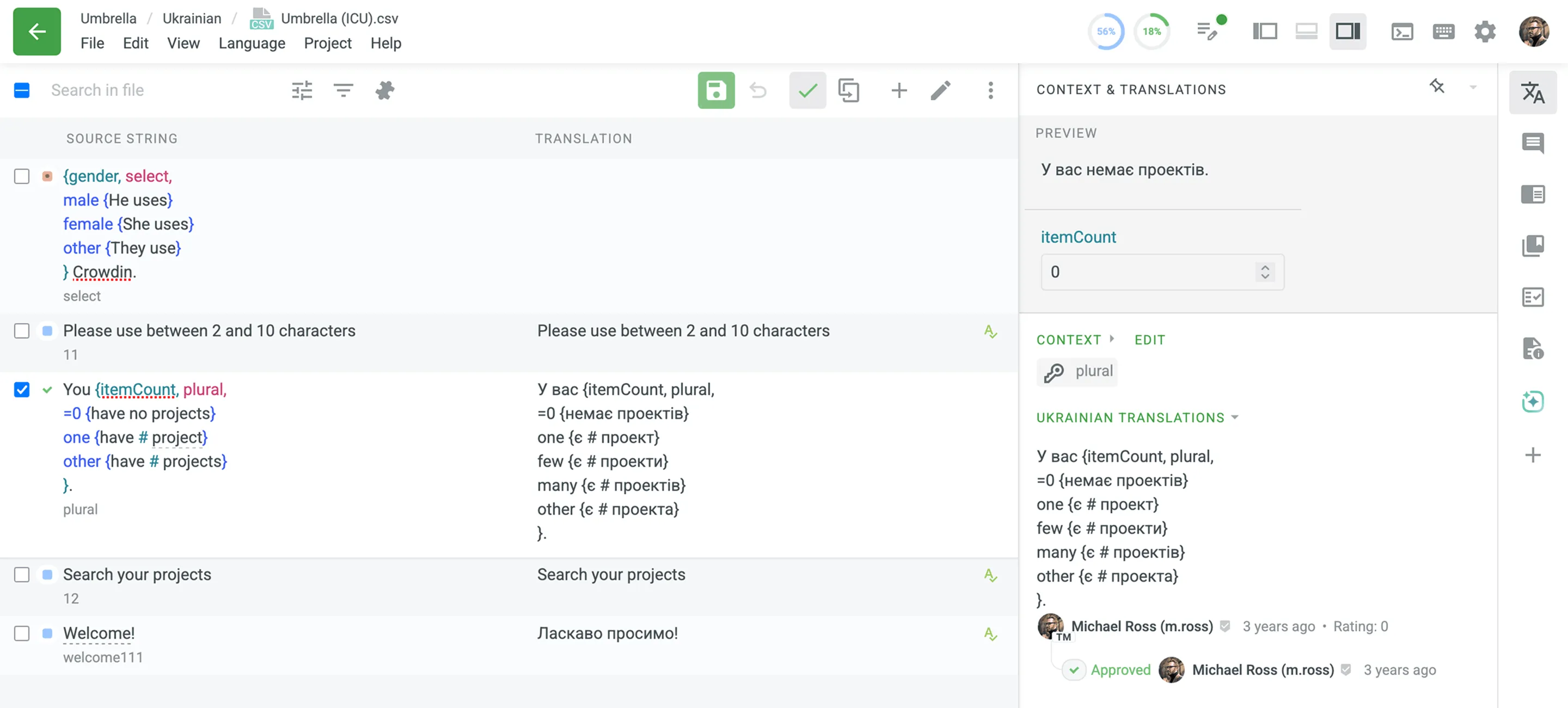 ICU Message syntax in der Editor